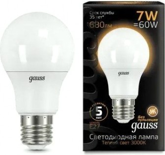Лампа светодиодная GAUSS A60 a60 7w 680lm 3000k e27 led [102502107]