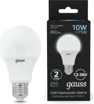 Лампа светодиодная GAUSS A60 ac12-36v 10w 860lm 4100k e27 led [202502210]