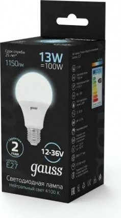 Лампа светодиодная GAUSS A60 ac12-36v 13w 1150lm 4100k e27 led [202502213]