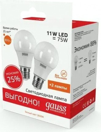 Лампа светодиодная GAUSS A60 elementary 11w 800lm 3000k e27 (2шт) [23211P]
