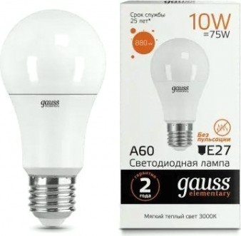 Лампа светодиодная GAUSS A60 elementary a60 10w 880lm 3000k е27 led [23210]