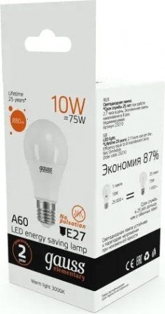Лампа светодиодная GAUSS A60 elementary a60 10w 880lm 3000k е27 led [23210]