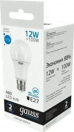 Лампа светодиодная GAUSS A60 elementary a60 12w 1170lm 6500k e27 led [23232]