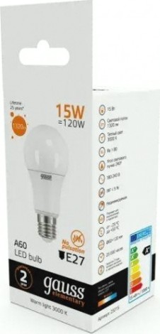Лампа светодиодная GAUSS A60 elementary a60 15w 1320lm 3000k e27 led [23215]