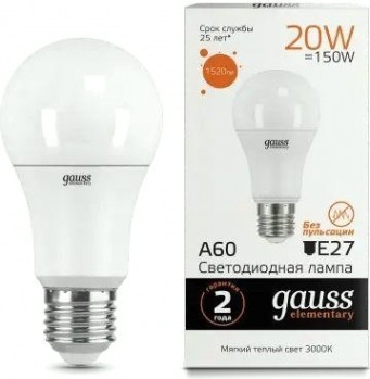 Лампа светодиодная GAUSS A60 elementary a60 20w 1520lm 3000k e27 led [23219]