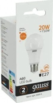 Лампа светодиодная GAUSS A60 elementary a60 20w 1520lm 3000k e27 led [23219]