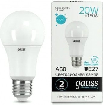 Лампа светодиодная GAUSS A60 elementary a60 20w 1600lm 4100k e27 led [23229]