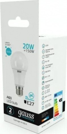 Лампа светодиодная GAUSS A60 elementary a60 20w 1600lm 4100k e27 led [23229]