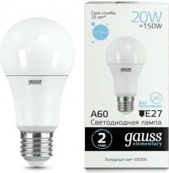 Лампа светодиодная GAUSS A60 elementary a60 20w 1750lm 6500k e27 led [23239]
