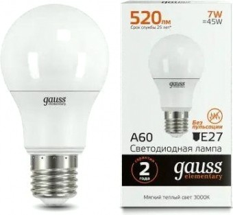 Лампа светодиодная GAUSS A60 elementary a60 7w 520lm 3000k e27 led [23217A]