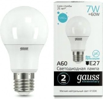 Лампа светодиодная GAUSS A60 elementary a60 7w 540lm 4100k e27 led [23227A]
