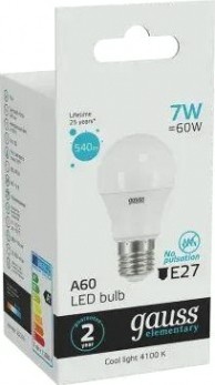 Лампа светодиодная GAUSS A60 elementary a60 7w 540lm 4100k e27 led [23227A]
