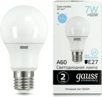 Лампа светодиодная GAUSS A60 elementary a60 7w 560lm 6500k e27 led [23237A]