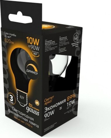 Лампа светодиодная GAUSS A60 filament а60 10w 820lm 2700к е27 milky диммируемая [102202110-D]
