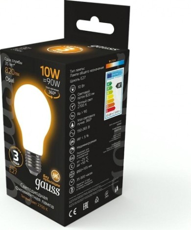 Лампа светодиодная GAUSS A60 filament а60 10w 820lm 2700к е27 milky led [102202110]