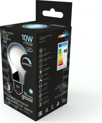 Лампа светодиодная GAUSS A60 filament а60 10w 860lm 4100к е27 milky диммируемая [102202210-D]