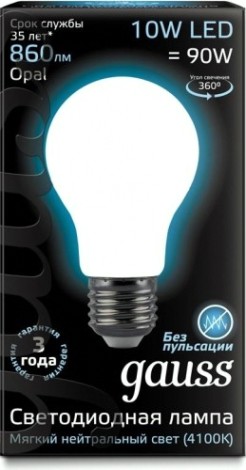 Лампа светодиодная GAUSS A60 filament а60 10w 860lm 4100к е27 milky led [102202210]