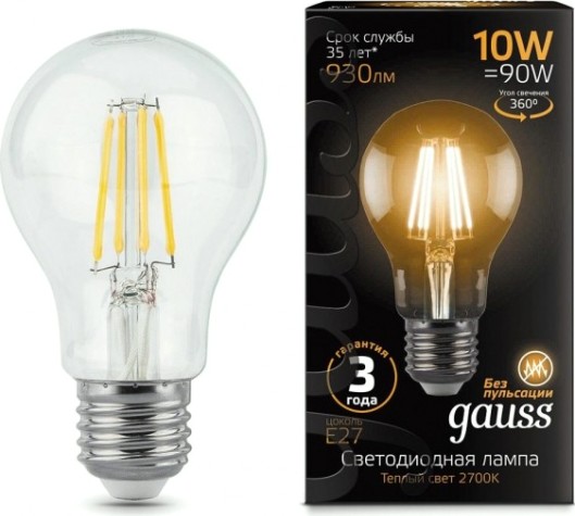 Лампа светодиодная GAUSS A60 filament а60 10w 930lm 2700к е27 led [102802110]