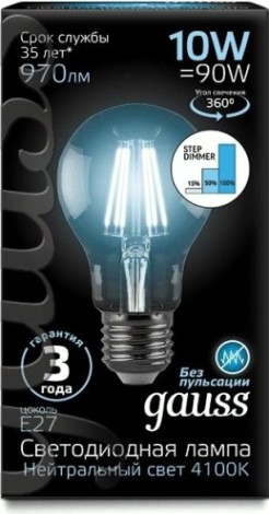 Лампа светодиодная GAUSS A60 filament а60 10w 970lm 4100к е27 шаг. диммирование [102802210-S]