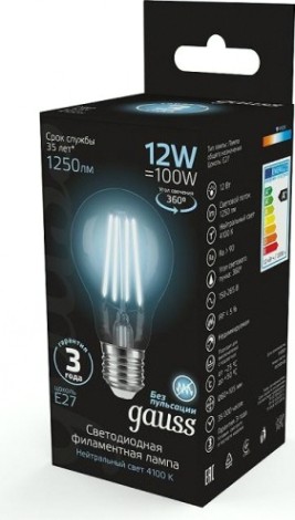 Лампа светодиодная GAUSS A60 filament а60 12w 1250lm 4100к е27 led [102902212]