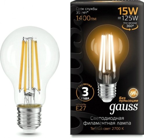 Лампа светодиодная GAUSS A60 filament а60 15w 1400lm 2700к е27 led [102902115]