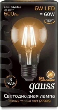 Лампа светодиодная GAUSS A60 filament а60 6w 600lm 2700к е27 led [102802106]