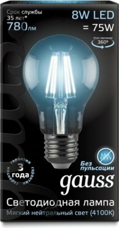 Лампа светодиодная GAUSS A60 filament а60 8w 780lm 4100к е27 led [102802208]