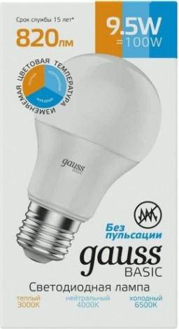 Лампа светодиодная GAUSS А60 ЛОН basic 9,5w 820lm 3000k-4000k-6500k е27 изм.цвет.те [1023240]