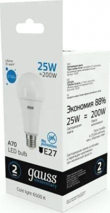 Лампа светодиодная GAUSS A67 elementary a67 25w 2150lm 6500k e27 led [73235]