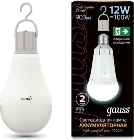 Лампа светодиодная GAUSS A80 12w 900lm 4100k е27 авар. с li-ion аккумулятором l [102002212]