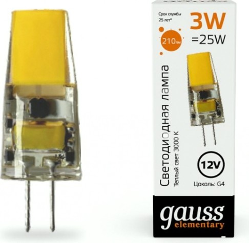 Лампа светодиодная GAUSS Elementary G4 12V 3W 210lm 3000K силикон [18713]