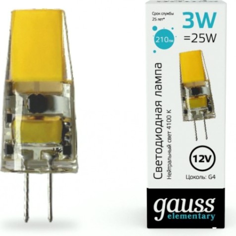 Лампа светодиодная GAUSS Elementary G4 12V 3W 210lm 4100K силикон [18723]