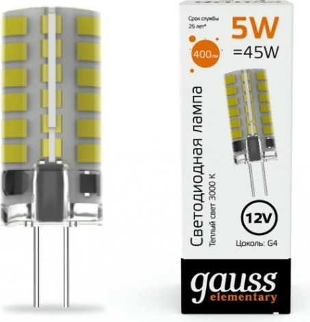 Лампа светодиодная GAUSS Elementary G4 12V 5W 400lm 3000K силикон [18715]