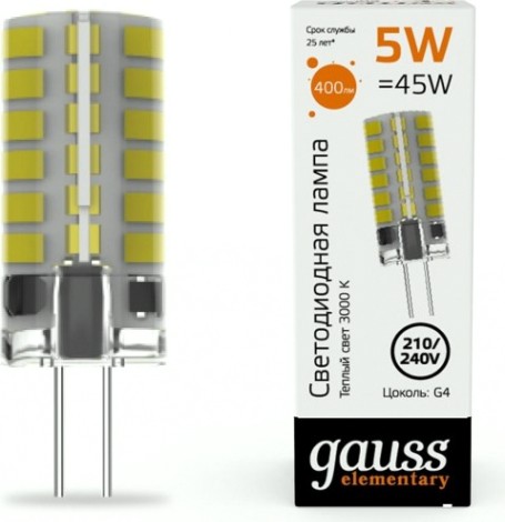 Лампа светодиодная GAUSS Elementary G4 AC180-240V 5W 400lm 3000K силикон [18015]