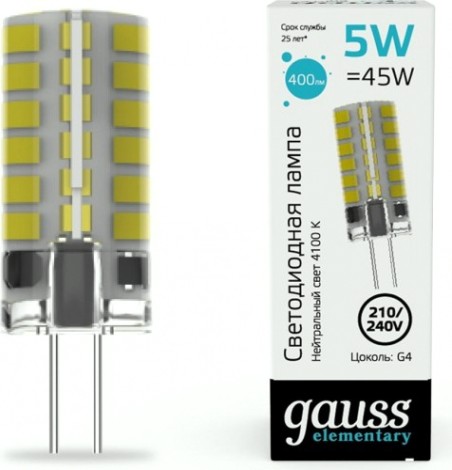 Лампа светодиодная GAUSS Elementary G4 AC180-240V 5W 400lm 4100K силикон [18025]