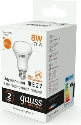 Лампа светодиодная GAUSS elementary r63 8w 650lm 3000k е27 [63218]