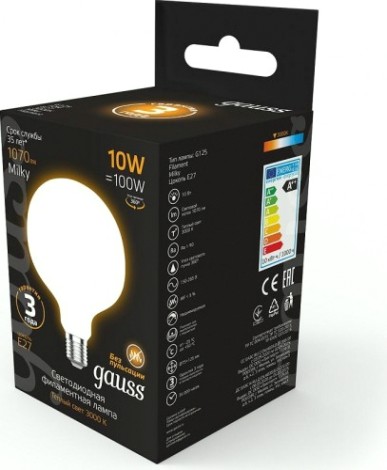 Лампа светодиодная GAUSS G125 filament 10w 1070lm 3000к е27 milky led [187202110]