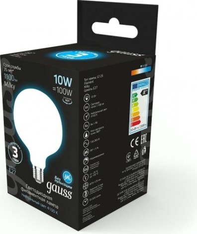 Лампа светодиодная GAUSS G125 filament 10w 1100lm 4100к е27 milky led [187202210]