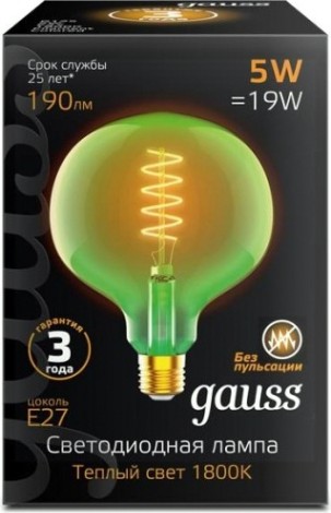 Лампа светодиодная GAUSS G125 filament 5w 190lm 1800к е27 green flexible led [1012802105]