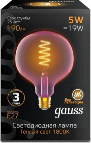Лампа светодиодная GAUSS G125 filament 5w 190lm 1800к е27 pink flexible led [1011802105]