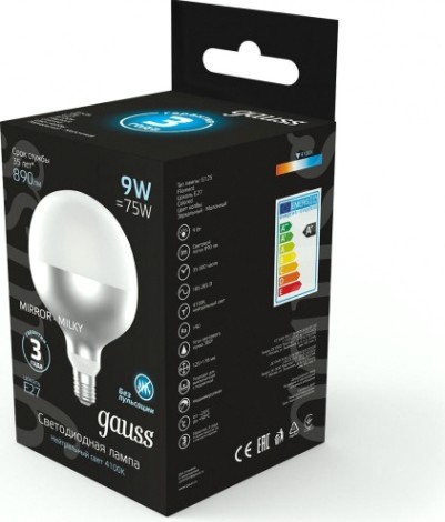 Лампа светодиодная GAUSS G125 filament 9w 890lm 4100к е27 mirror-milky led [1014802209]