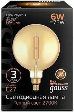 Лампа светодиодная GAUSS G200 filament 6w 890lm 2700к е27 golden straight led [154802118]