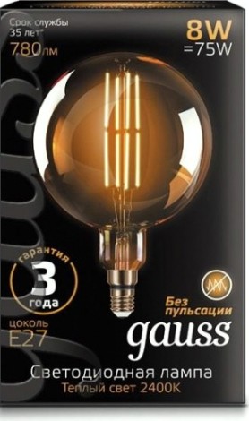 Лампа светодиодная GAUSS G200 filament 8w 780lm 2400к е27 golden led [153802008]