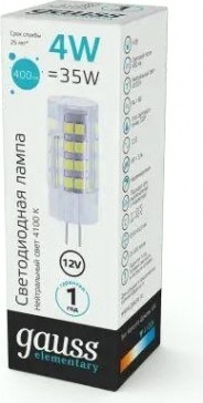 Лампа светодиодная GAUSS G4 elementary g4 12v 4w 400lm 4100k керамика led [10724]