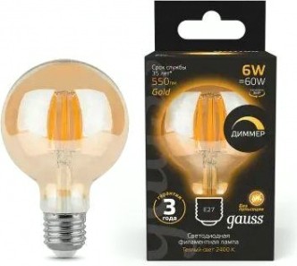 Лампа светодиодная GAUSS G95 filament 6w 620lm 2400к е27 golden диммируемая led [105802006-D]
