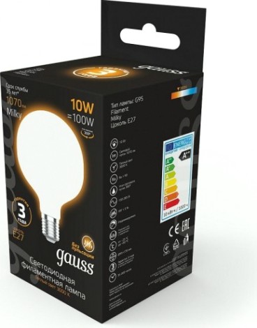 Лампа светодиодная GAUSS G95 filament g95 10w 1070lm 3000к е27 milky led [189202110]