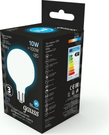 Лампа светодиодная GAUSS G95 filament g95 10w 1100lm 4100к е27 milky led [189202210]