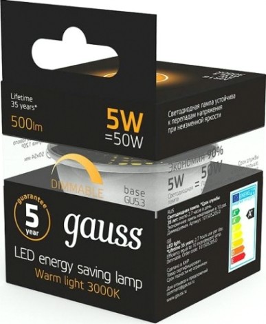 Лампа светодиодная GAUSS MR16 5w 500lm 3000k gu5.3 диммируемая led [101505105-D]