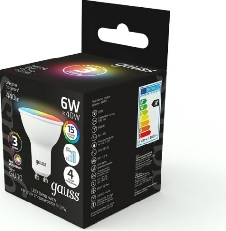 Лампа светодиодная GAUSS MR16 6w gu10 rgbw+димирование led [101106406]