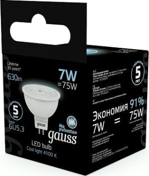 Лампа светодиодная GAUSS MR16 7w 630lm 4100k gu5.3 led [101505207]